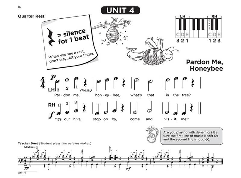 Interactive Piano Method® - 1A sample page "Pardon Me, Honeybee"