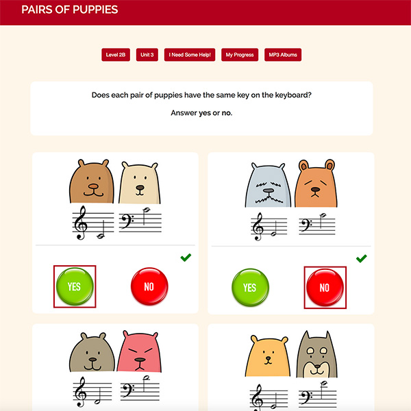 Interactive Piano Method® - 2B Sample Activity "PAIRS OF PUPPIES"